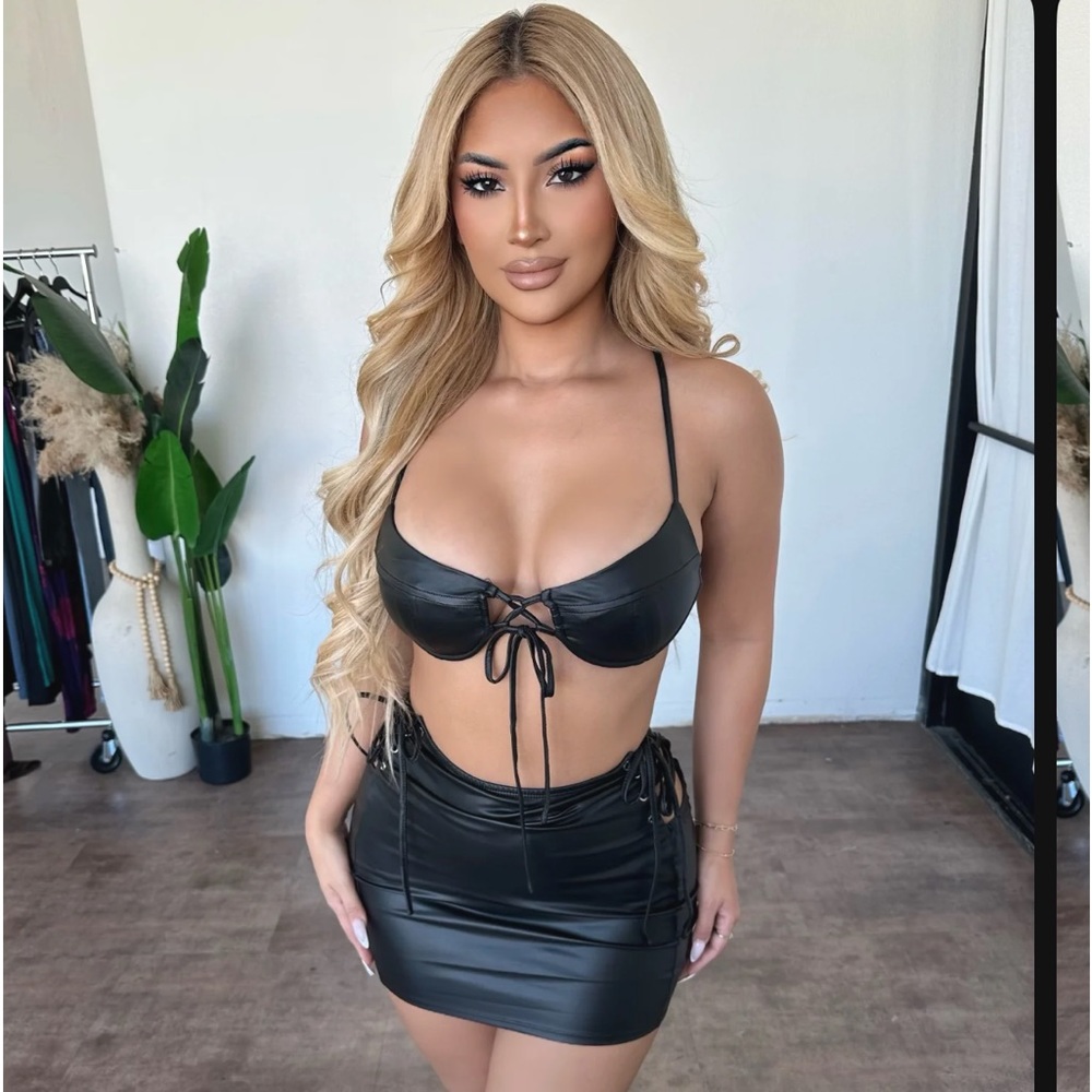 black leather skirt set